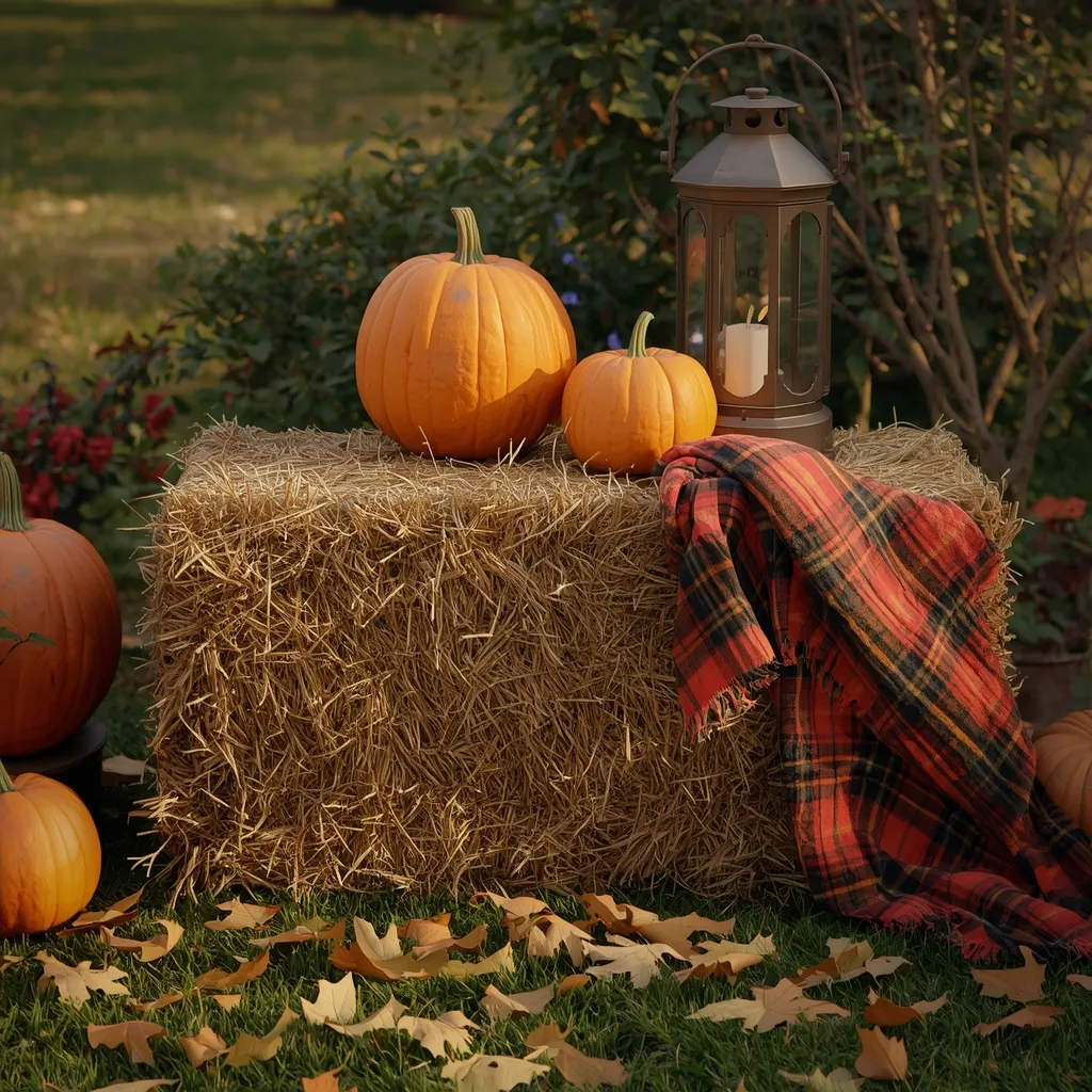 Straw bale with pumpkins and a lantern
