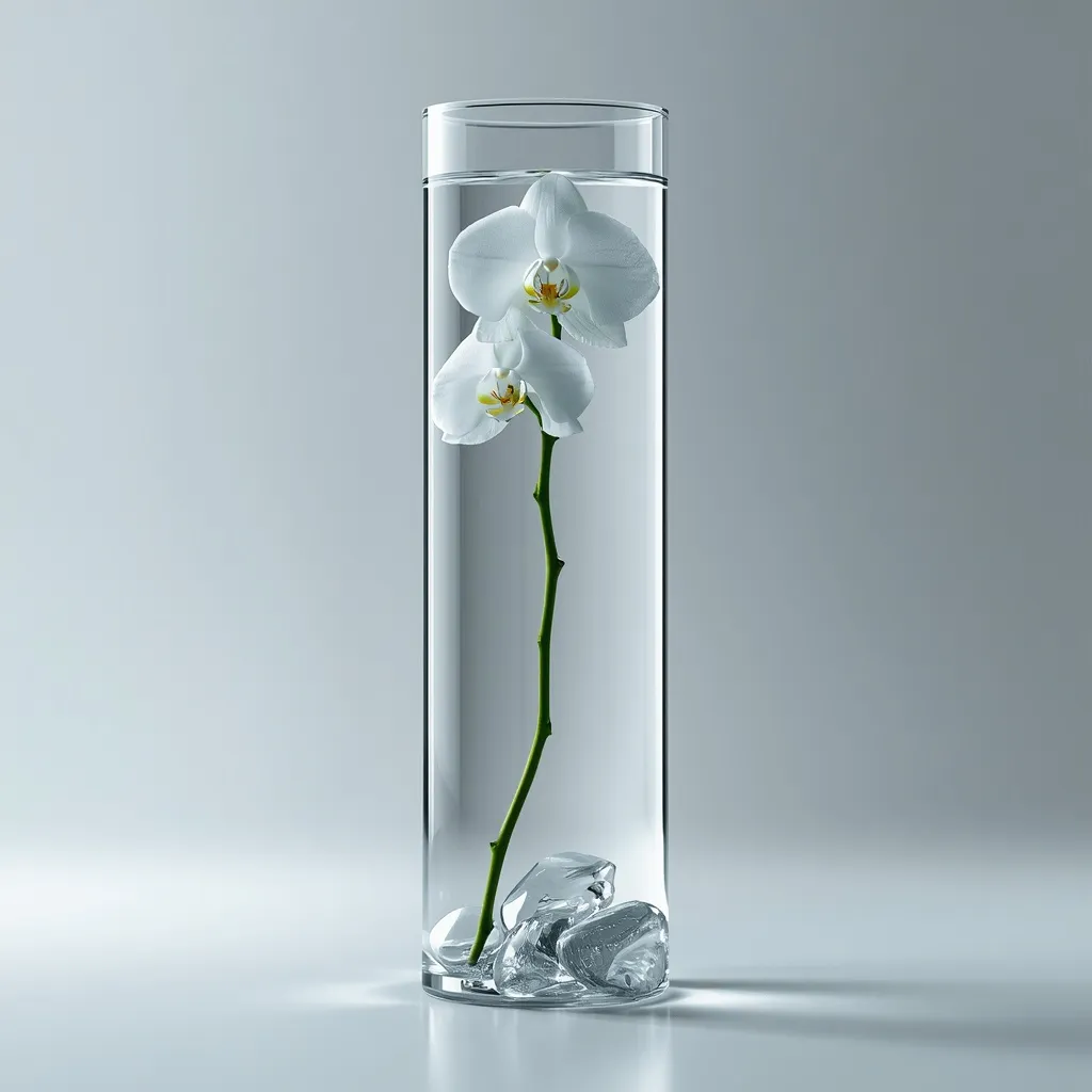 Submerged orchid in a glass cylinder