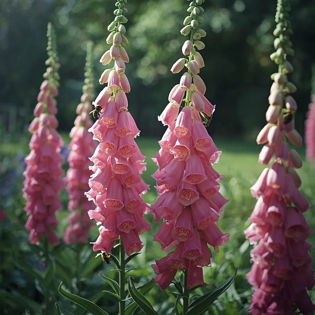 Tall pink foxglove spires blooming in a dappled cottage garden border