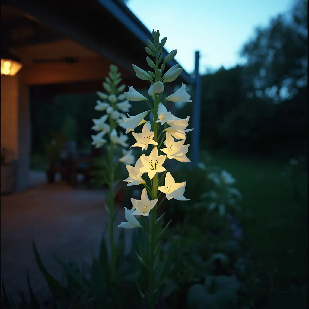 Tall white nicotiana with star-shaped blooms glowing near a patio at dusk