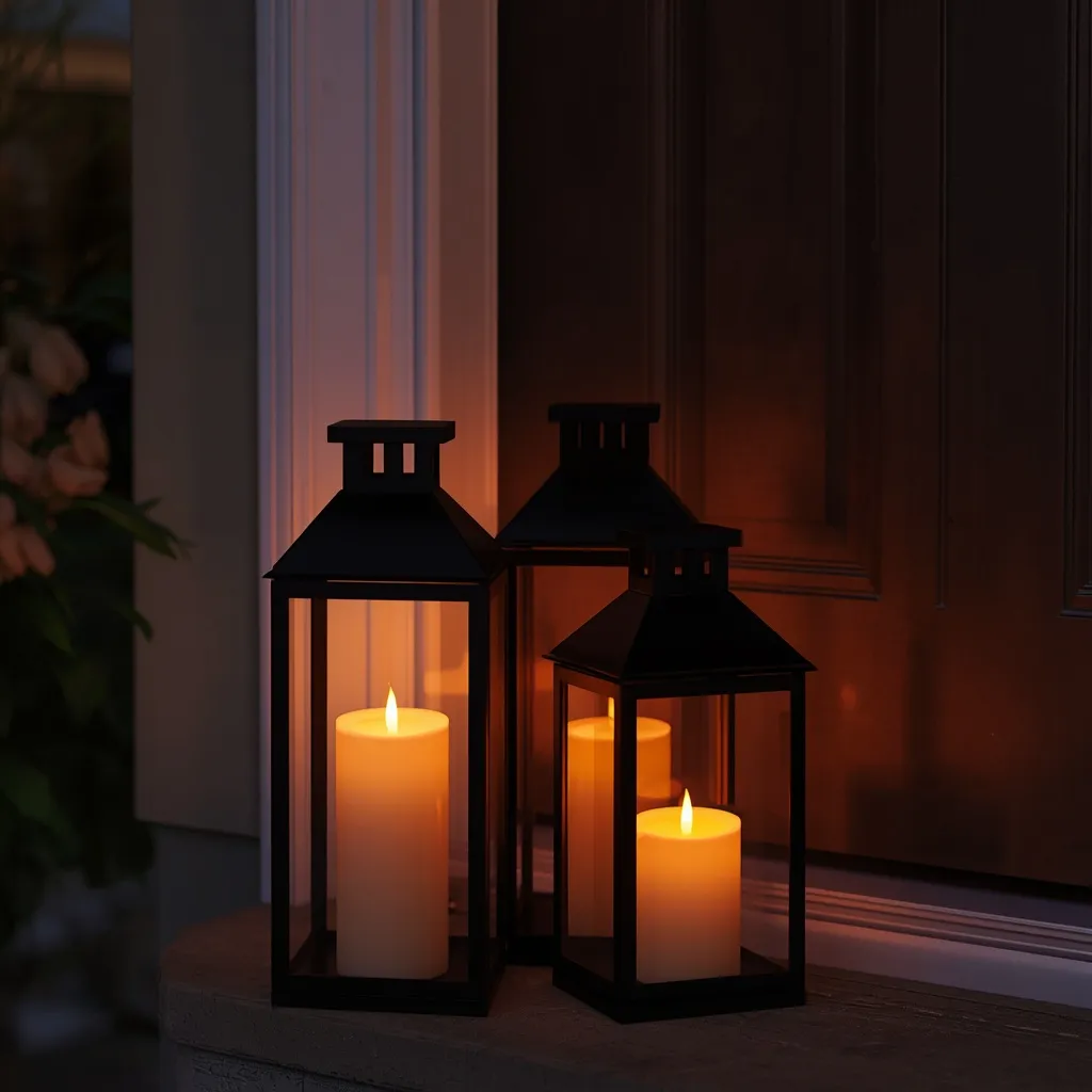 Trio of fall lanterns by a front door