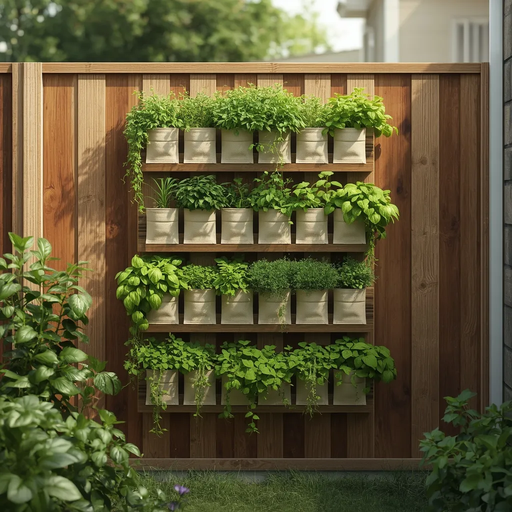 Vertical herb wall in a small backyard