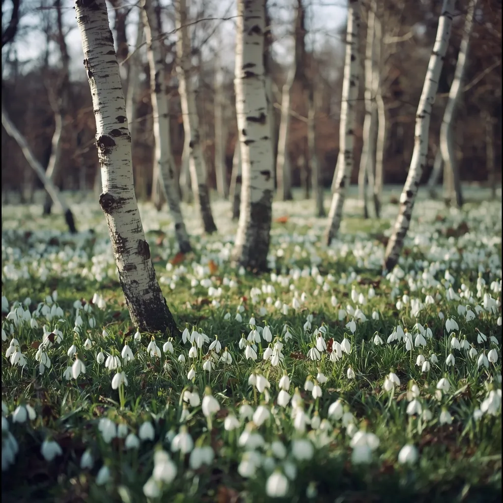 White crocus and snowdrops carpeting the ground around birch trunks in early spring