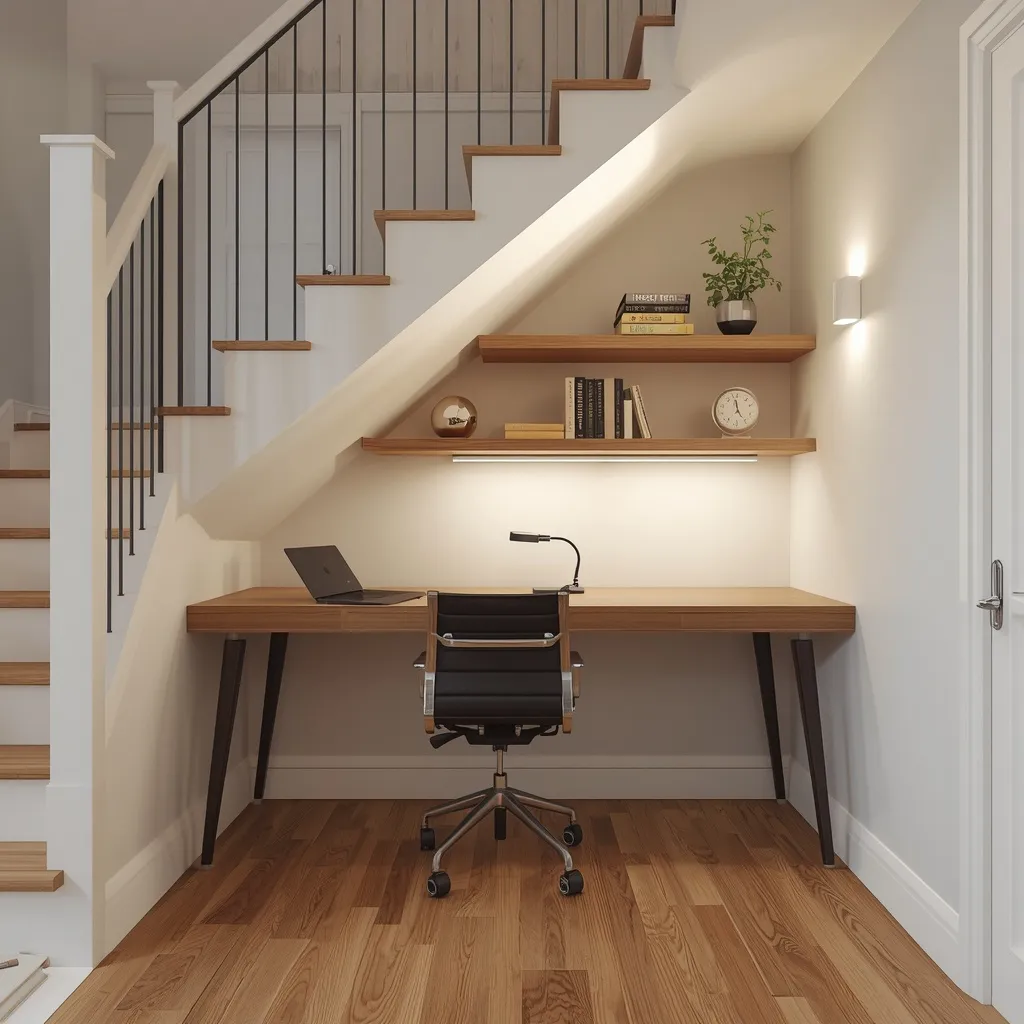 A compact under-stair home office with a fitted desk and shelves