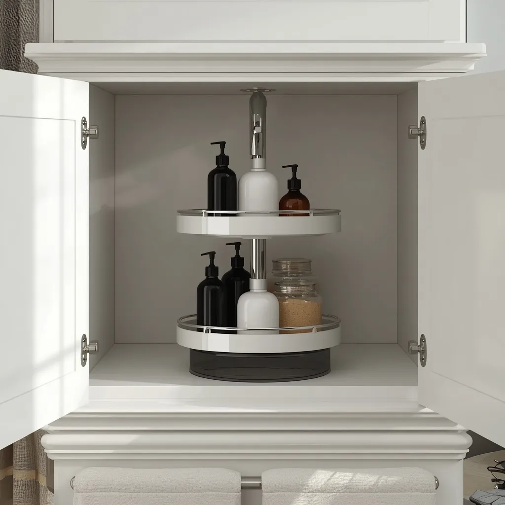 A lazy Susan turntable organizing bottles in a bathroom vanity cabinet
