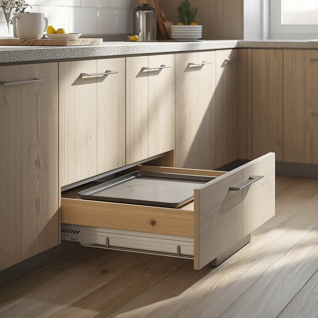 A shallow toe-kick drawer open beneath kitchen cabinets storing baking trays