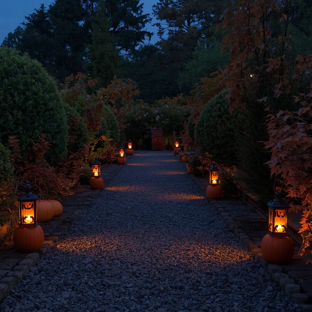 Amber lanterns lighting a garden path