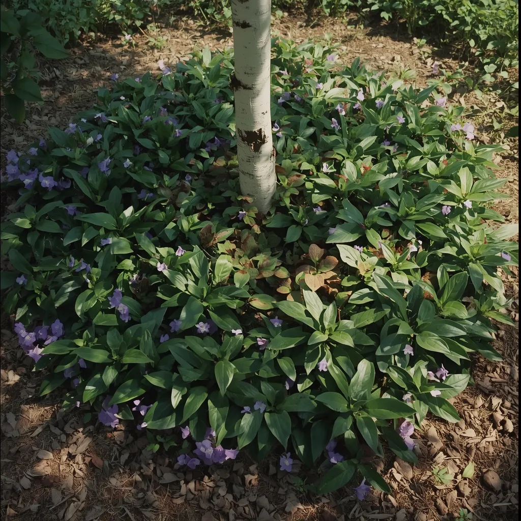 Evergreen ground cover carpeting the dry shaded ground beneath a birch tree