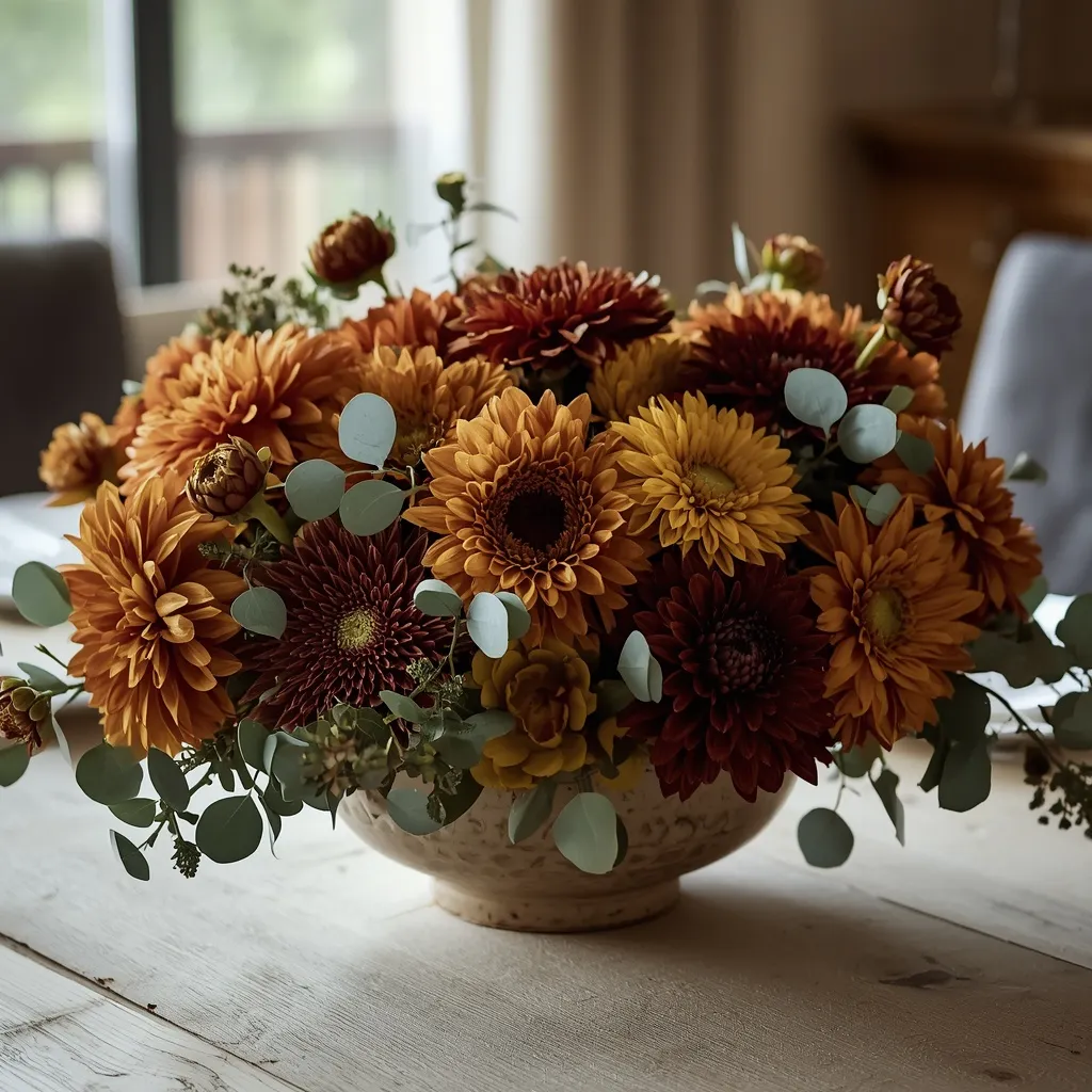 Fresh dahlia and mum fall centerpiece
