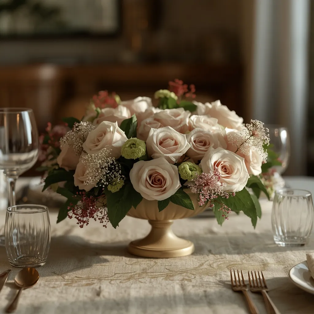 Low floral centerpiece on dining table