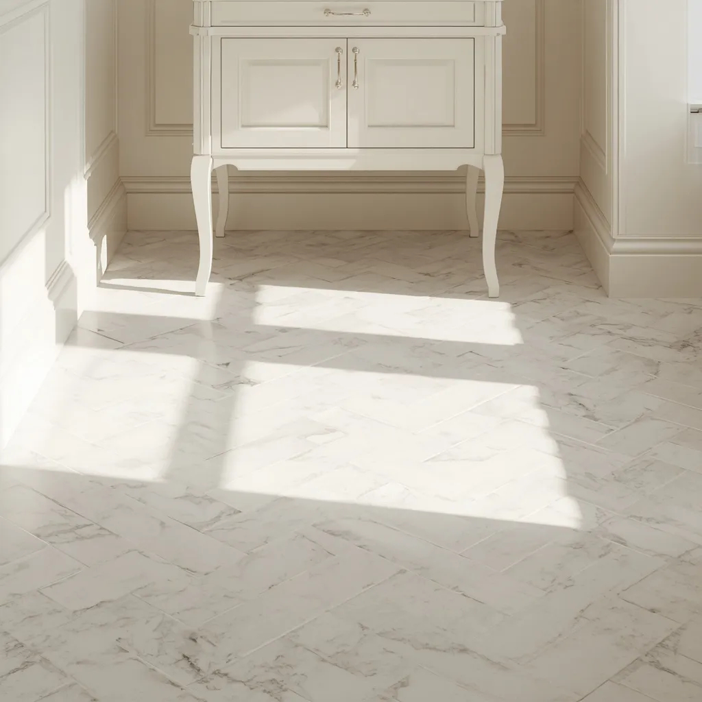 Marble herringbone powder room floor