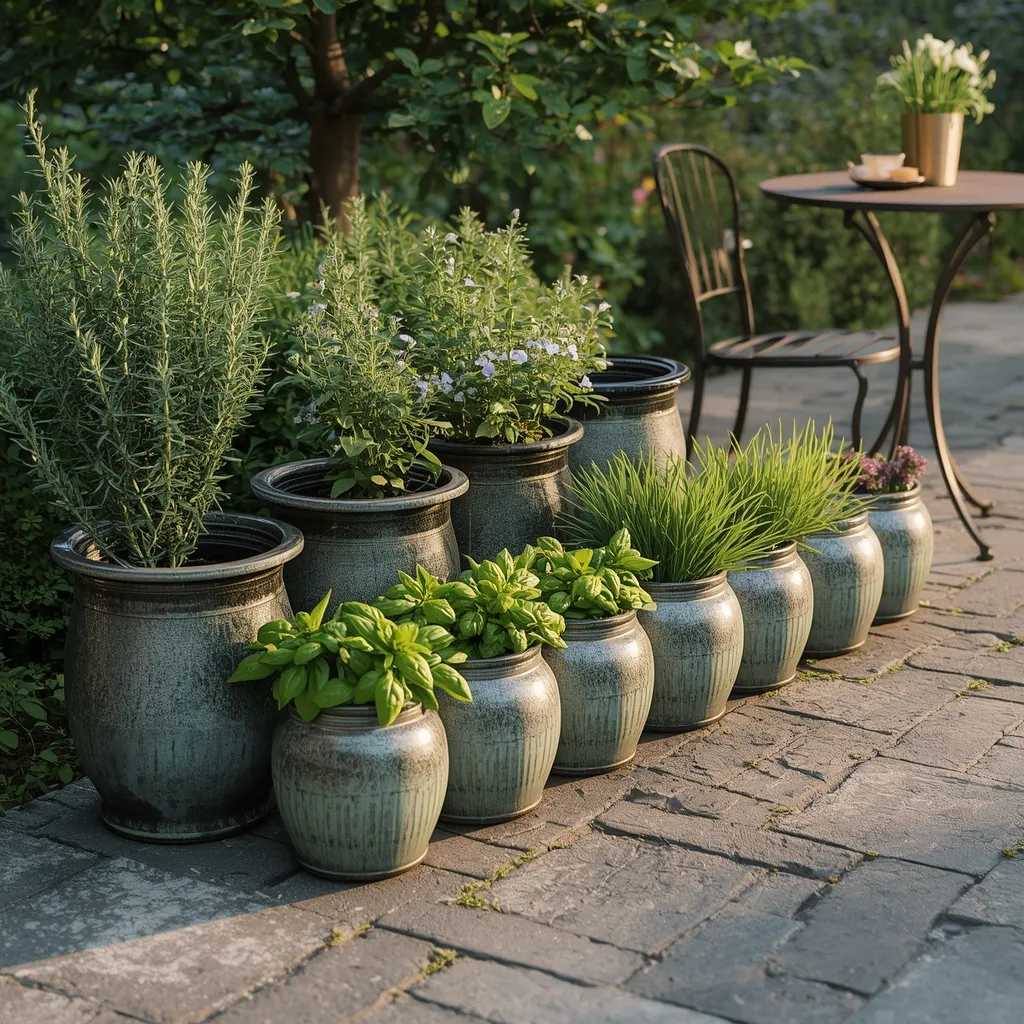 Patio container herb garden with pots