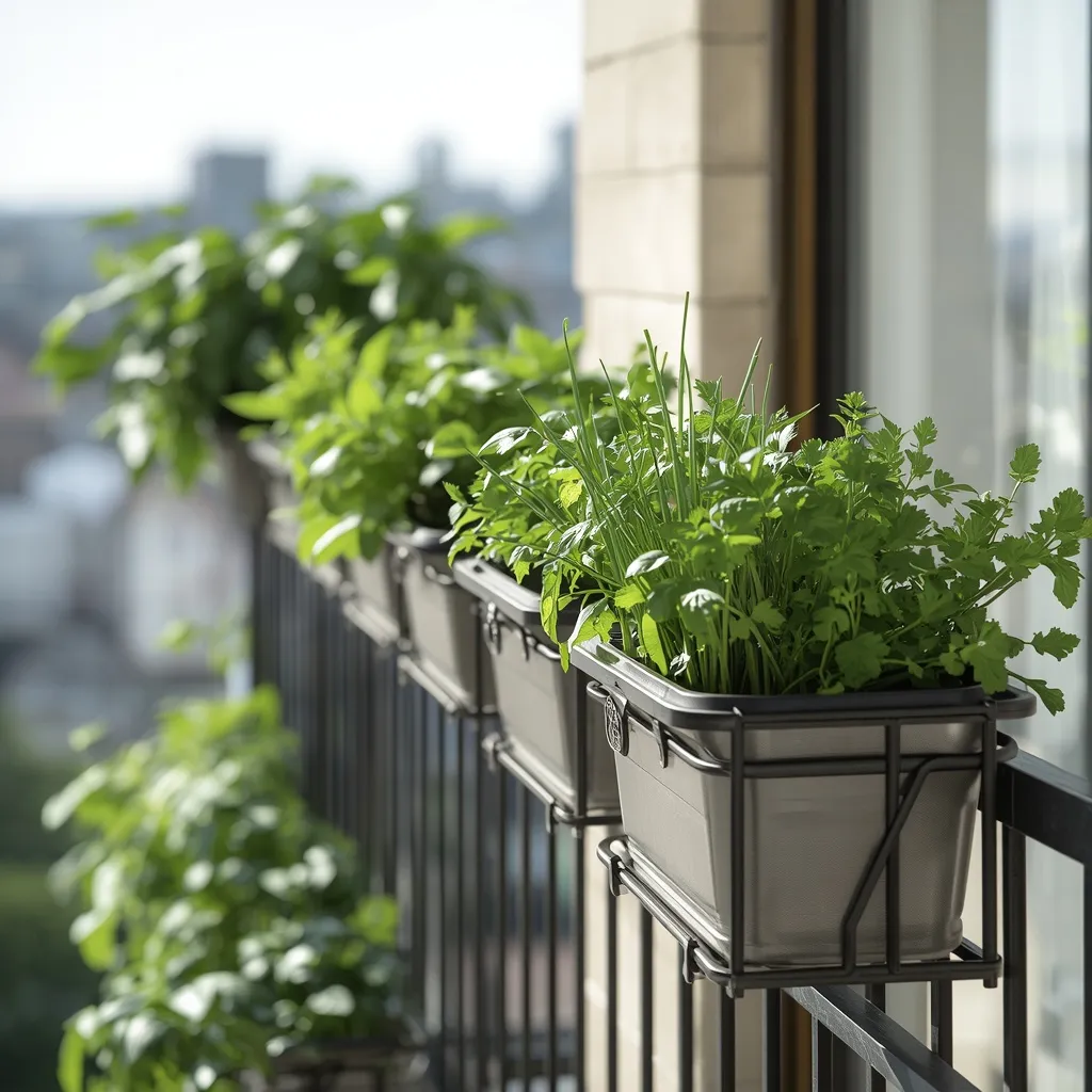 Rail-mounted balcony herb garden