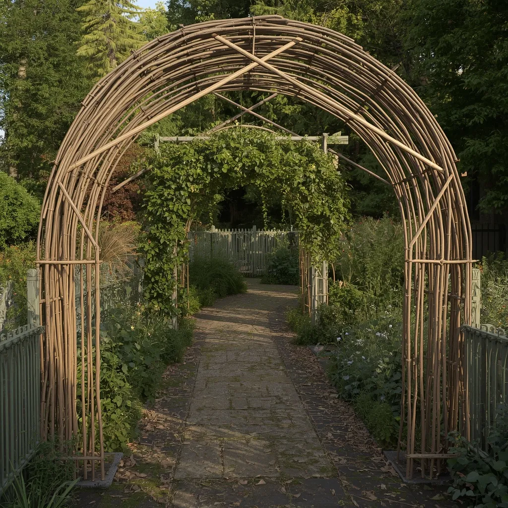Rustic twig garden arch over path