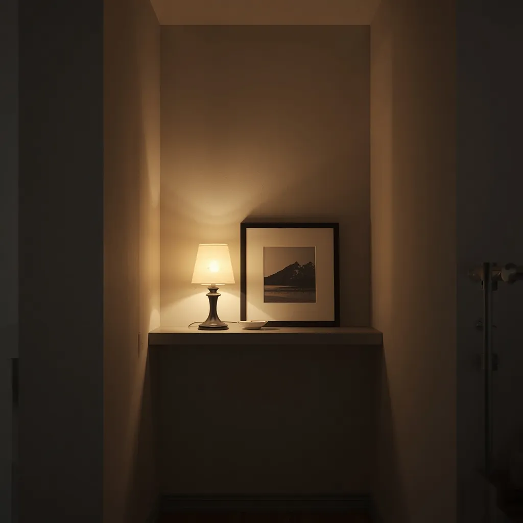 Slim floating ledge along a narrow hallway with a lamp, photo and key dish