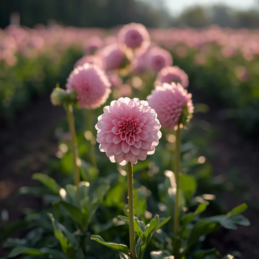 Soft pink ball dahlias blooming in a late-summer cutting garden