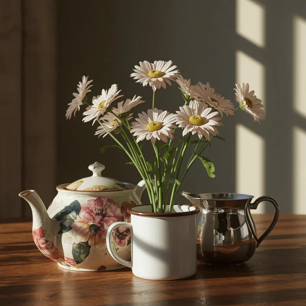 Vintage teapot and tin flower cluster