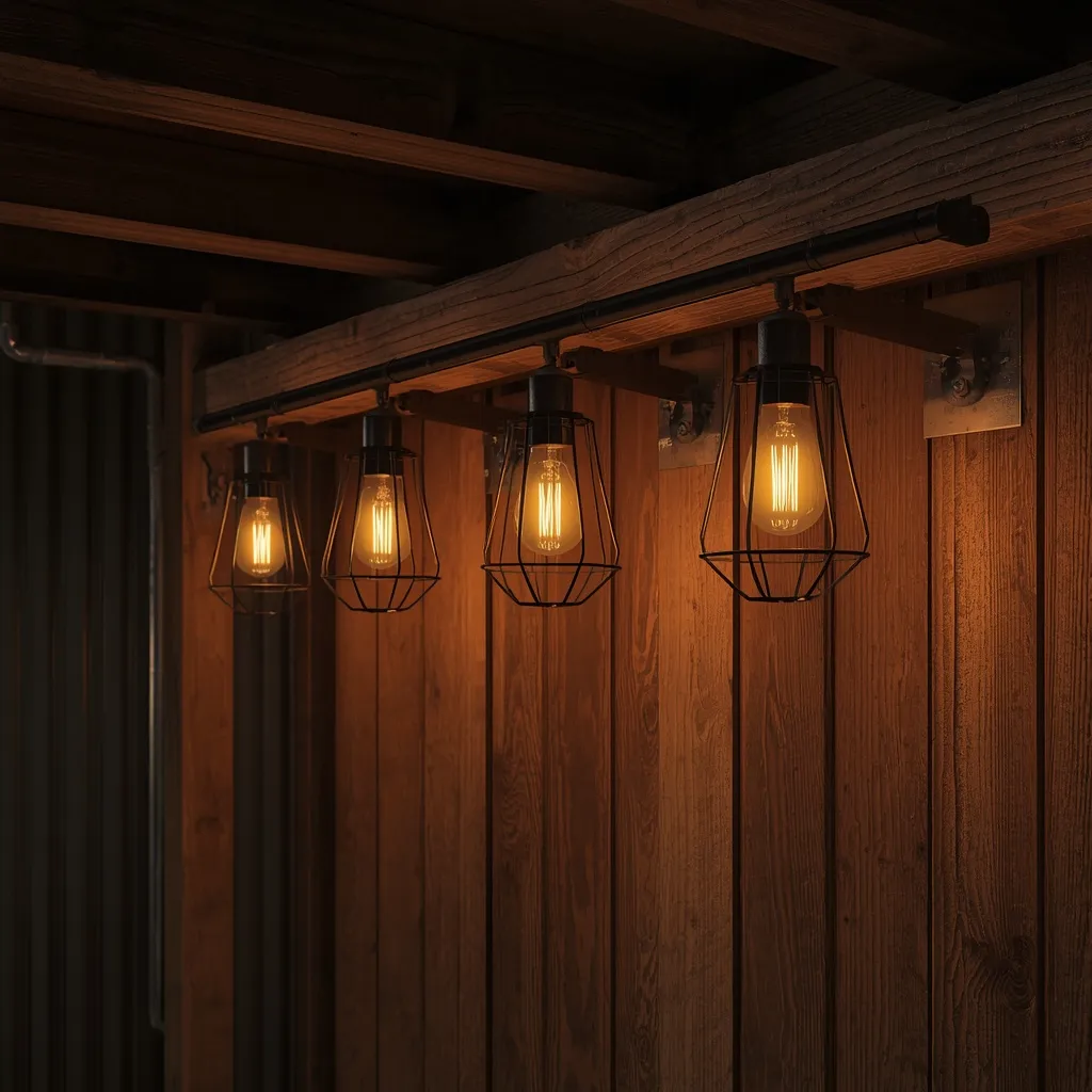 Warm Edison bulb fixtures in black cages lighting a rustic garage