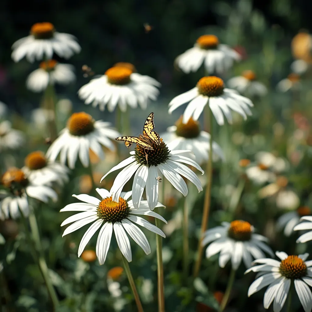 White coneflowers with golden cones and a butterfly in a sunny pollinator border