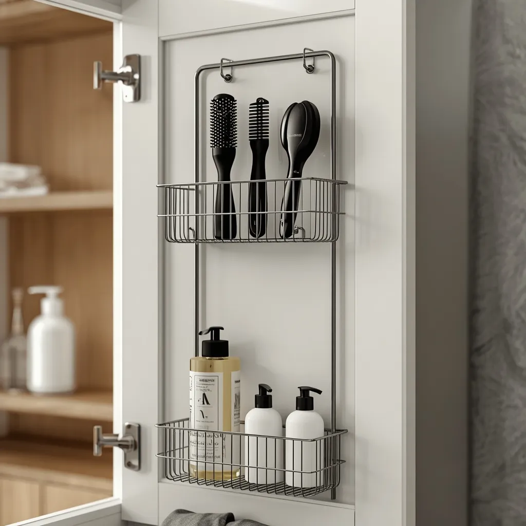 A bathroom cabinet door organizer holding hair tools and small bottles
