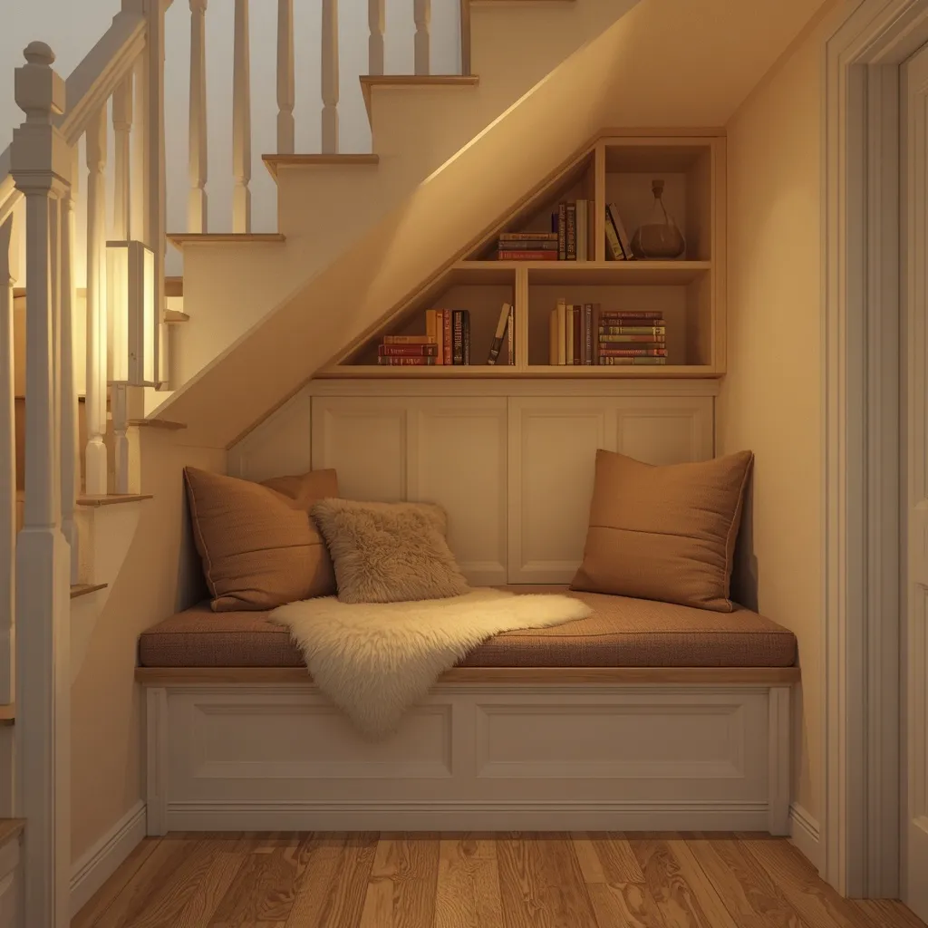 A cushioned under-stair reading nook with a throw, cushions and a wall light