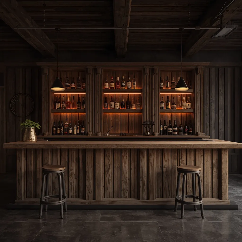 A rustic garage bar with a reclaimed-wood counter and glowing bottle shelves