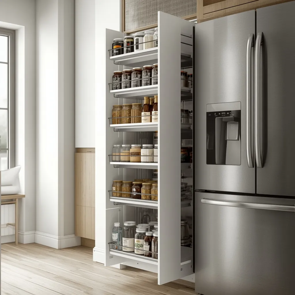 A slim pull-out pantry rack beside a fridge holding jars and cans on tiered shelves