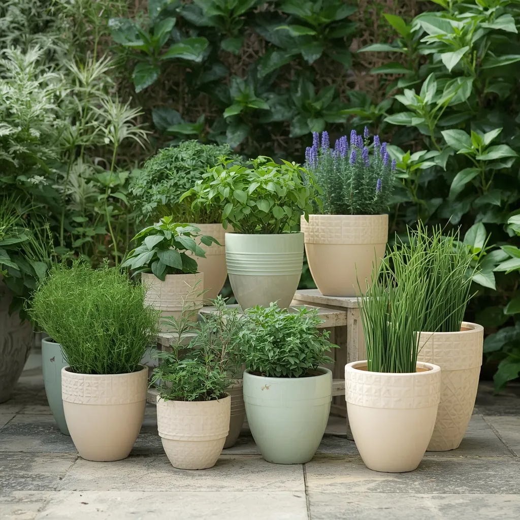 Aesthetic matching-pot patio herb garden