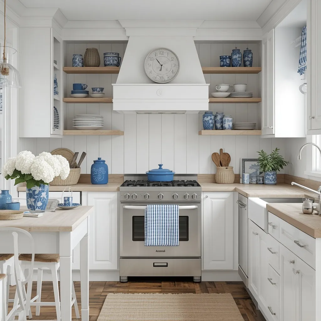 Blue and white farmhouse kitchen