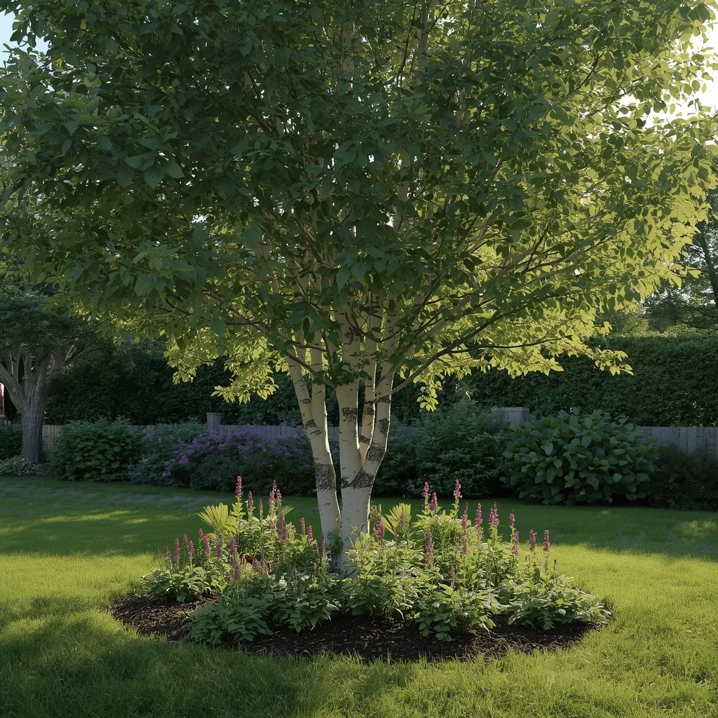 Corner flower bed with small tree