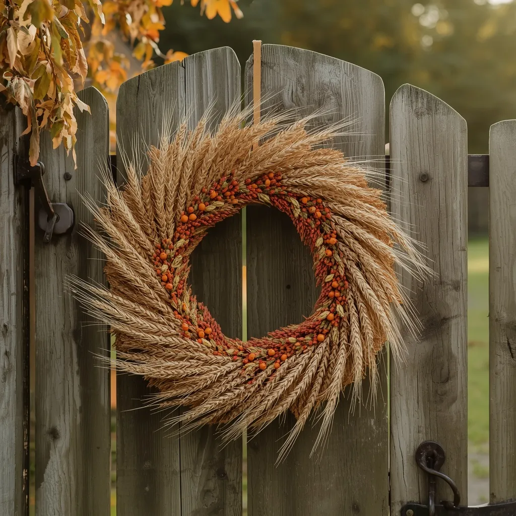 Dried wheat wreath on a garden gate