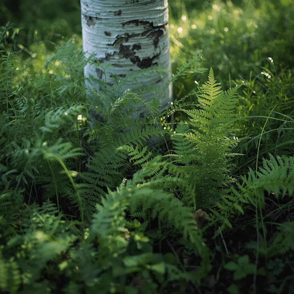 Ferns and grasses growing beneath a white birch trunk in dappled woodland light