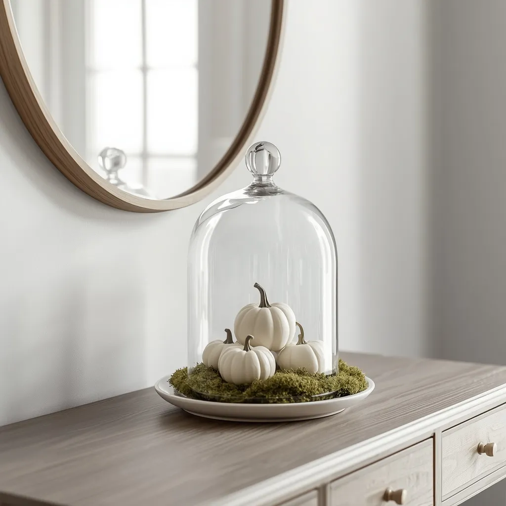 Glass cloche over white mini pumpkins