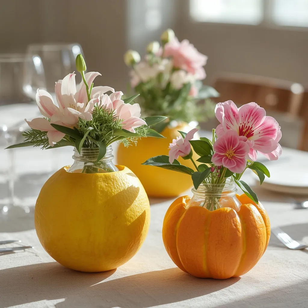 Hollowed fruit used as flower vases
