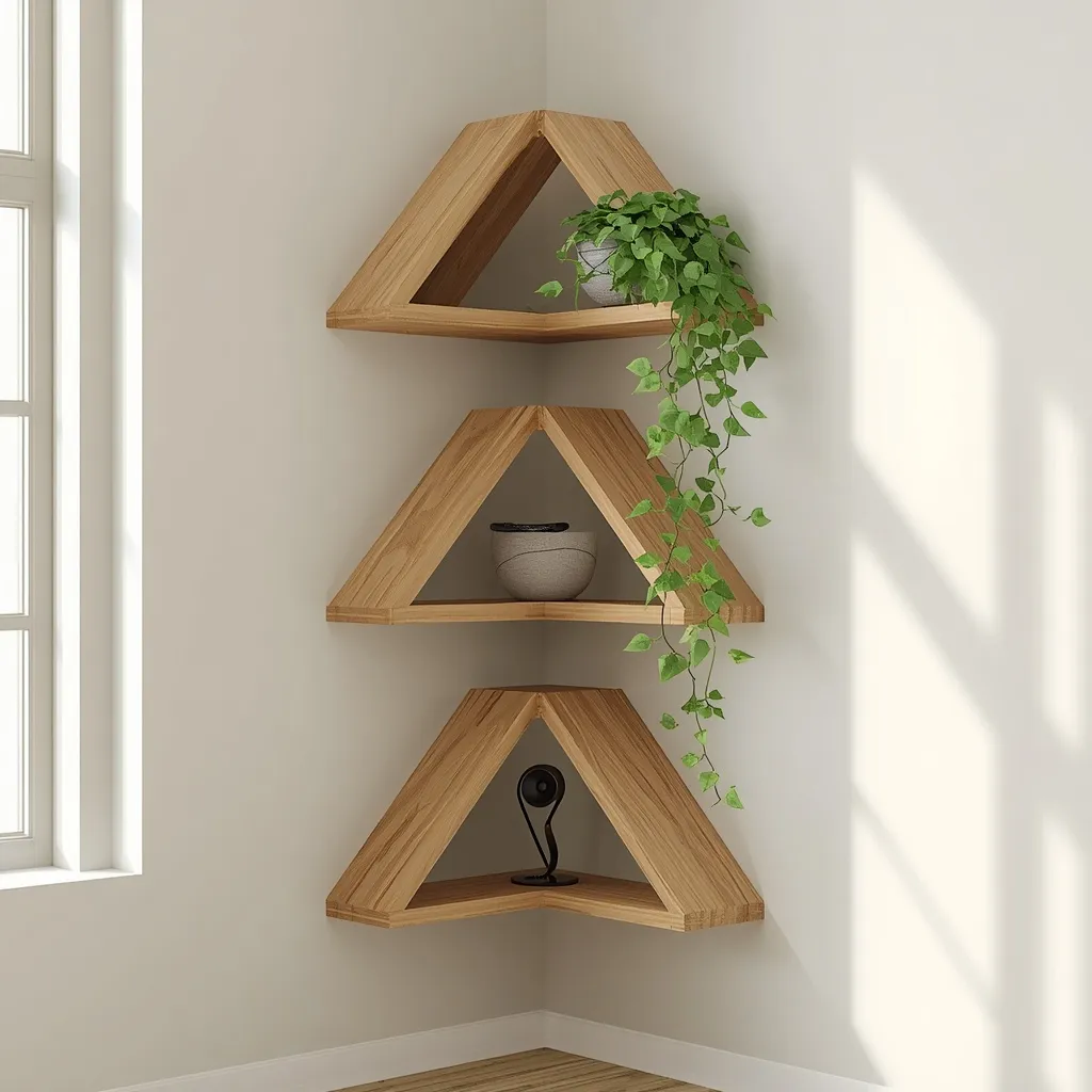 L-shaped corner floating shelves holding plants and objects in a room corner