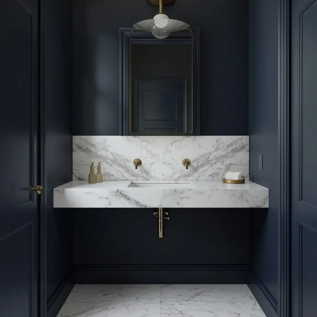 Navy powder room with marble