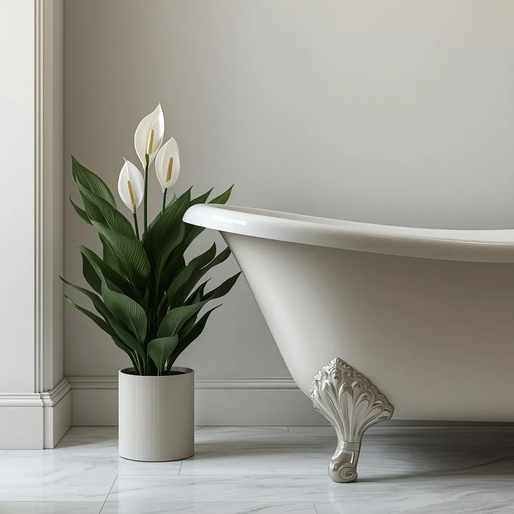Peace lily beside a bathtub