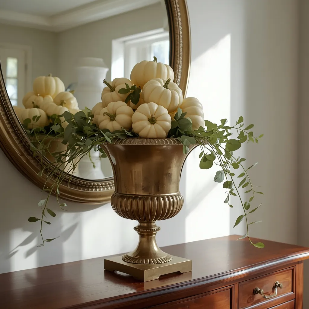 Pumpkins on a pedestal in an entryway