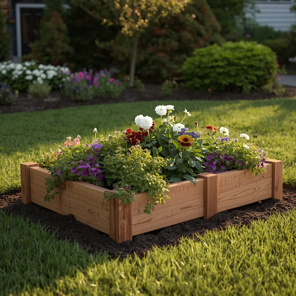Raised timber flower bed front yard