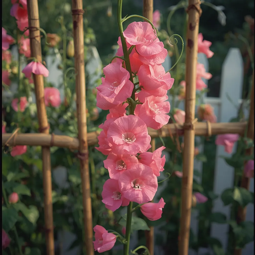 Ruffled pink sweet peas climbing a cane wigwam trellis in a cottage garden