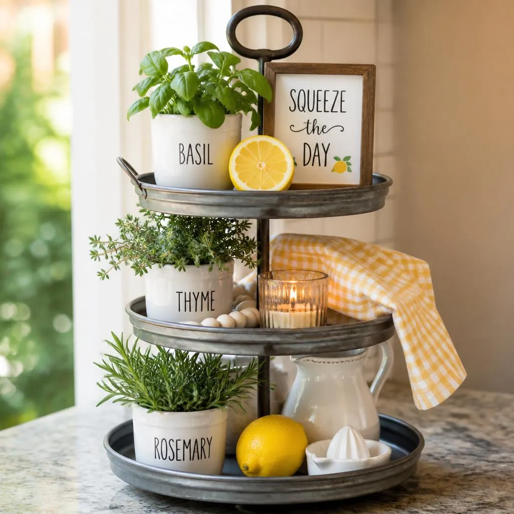 Summer tiered tray kitchen decor