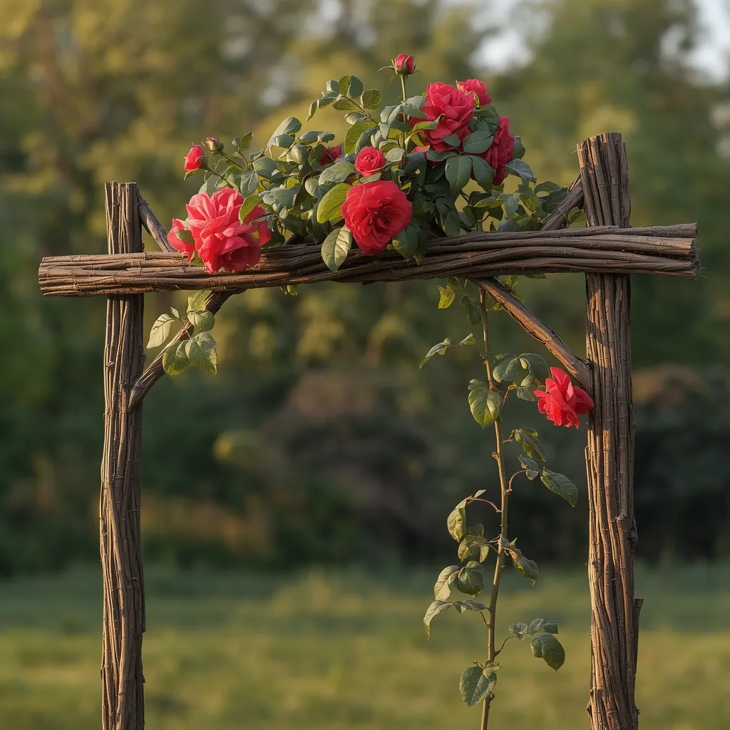 Twig arbor with climbing rose