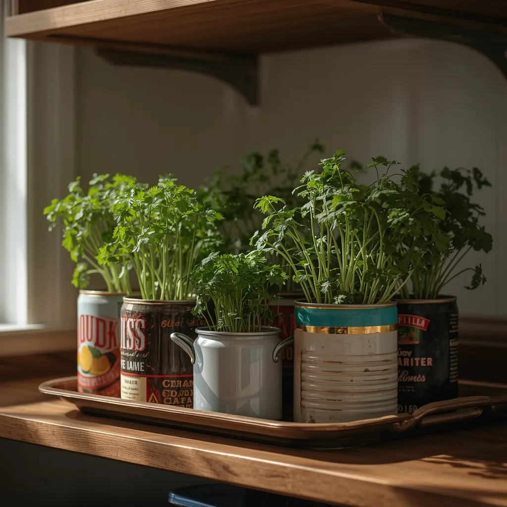 Upcycled tin cilantro garden indoors