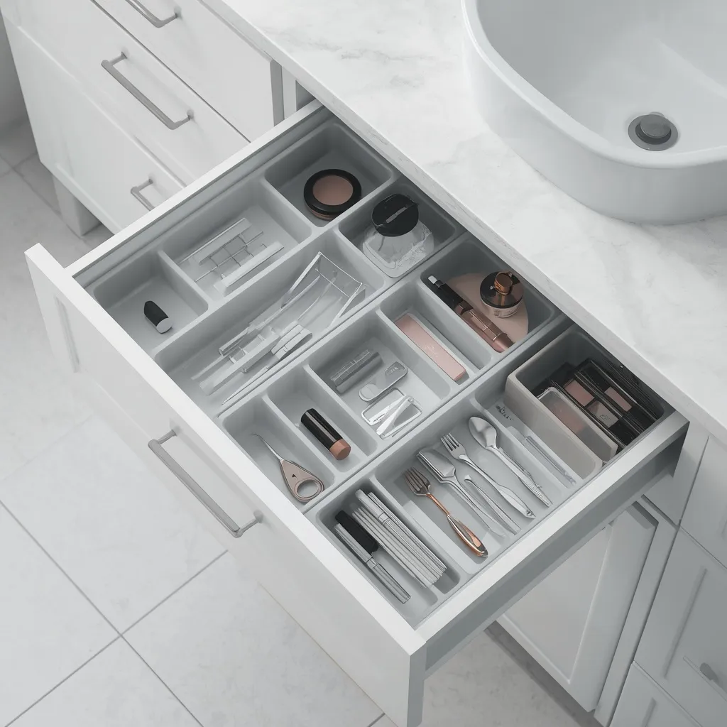 A bathroom vanity drawer with dividers organizing makeup and grooming tools