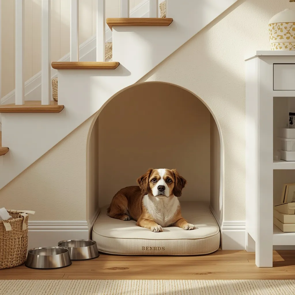 A built-in under-stair pet den with an arched opening and a cushioned base