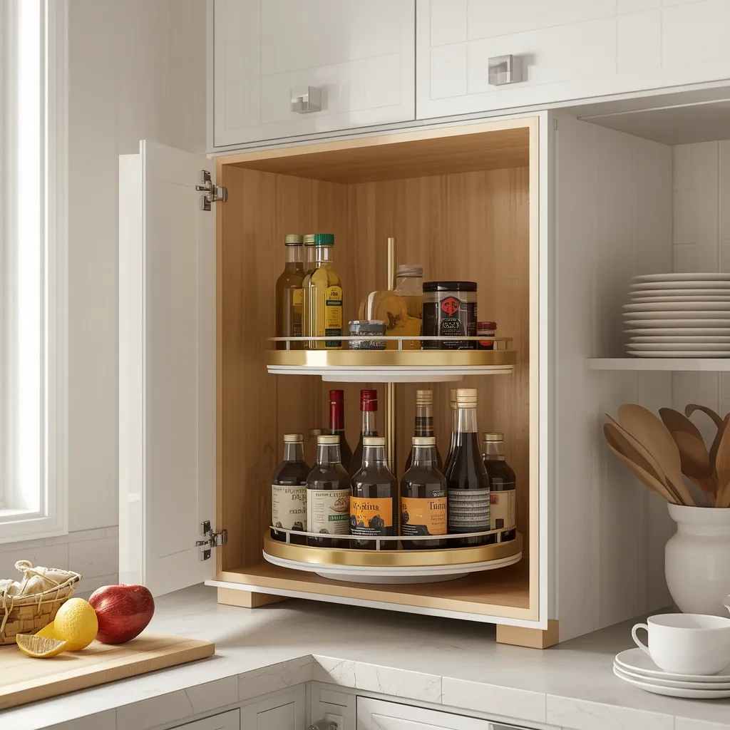 A two-tier lazy Susan turntable organising jars in a corner kitchen cabinet