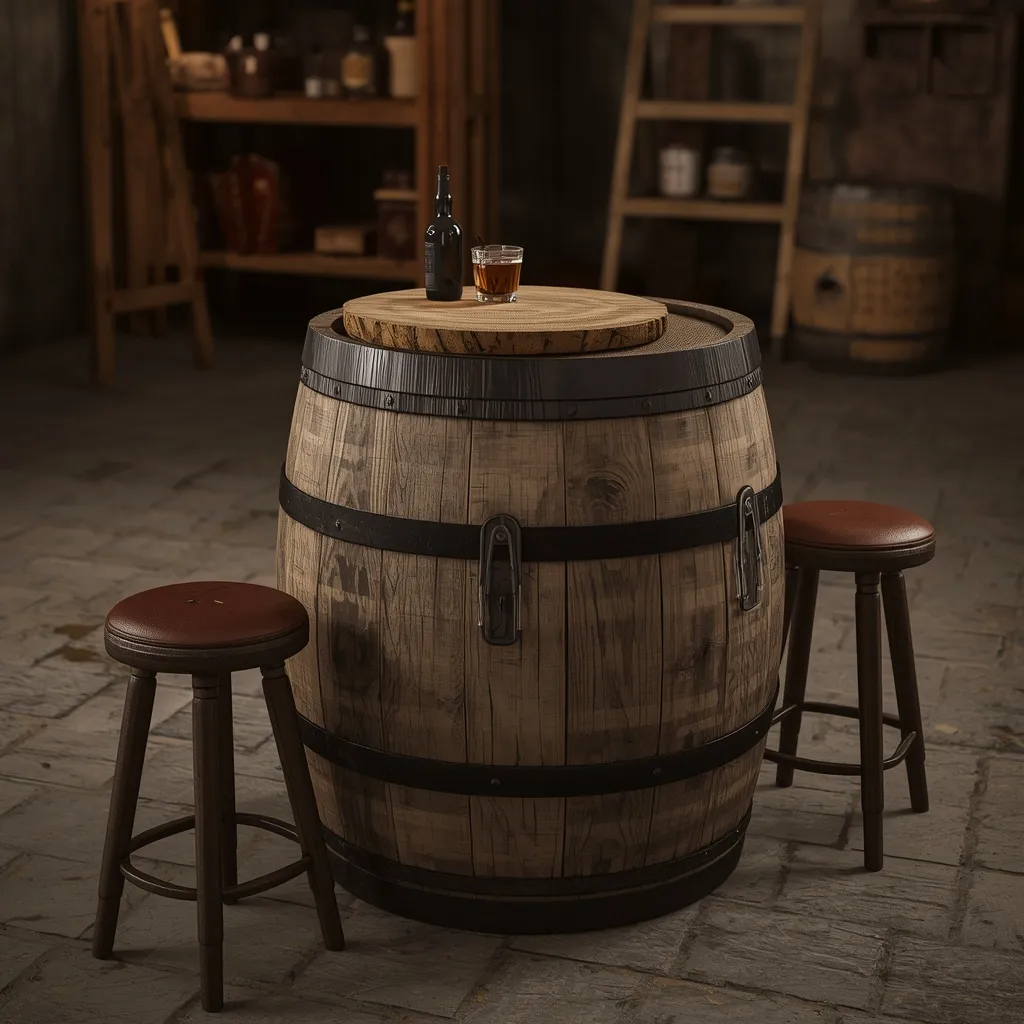 An oak whiskey barrel used as a table in a rustic garage lounge
