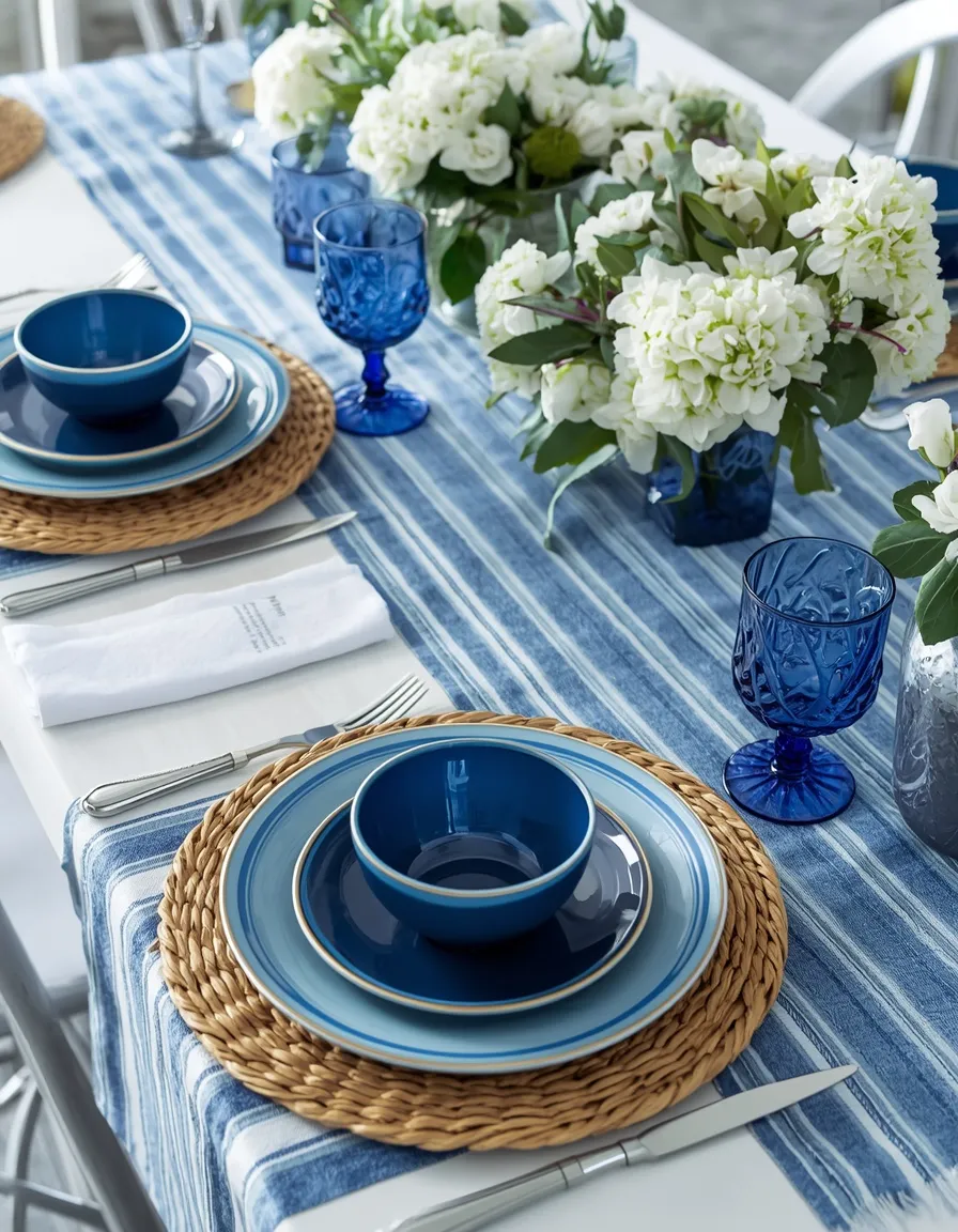 Blue summer dining table setting