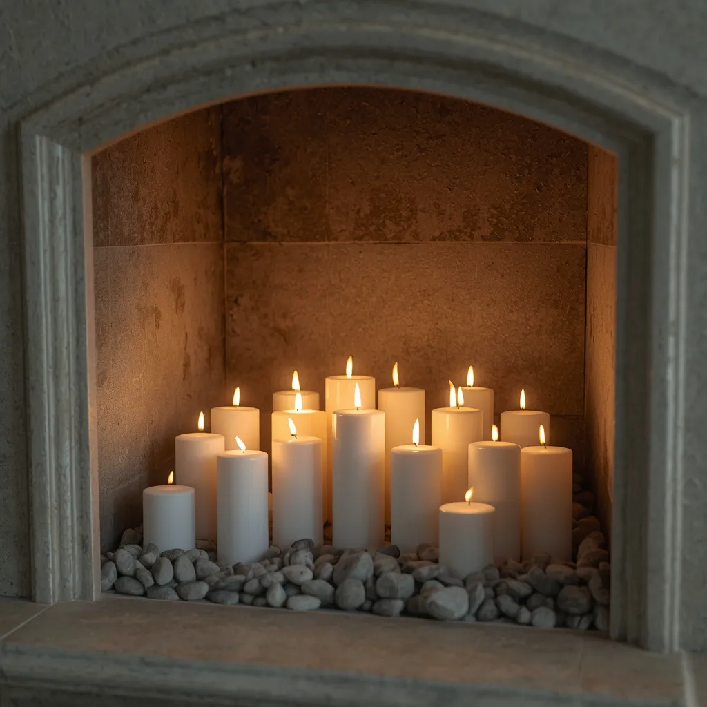 Candles in summer fireplace hearth