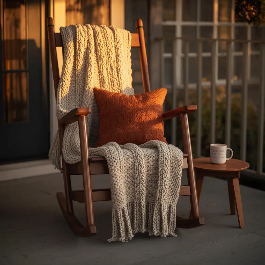 Cozy fall porch seating with throw